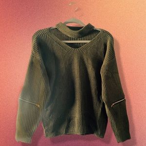 Olive Cut-Out Choker Sweater with Zipper Details